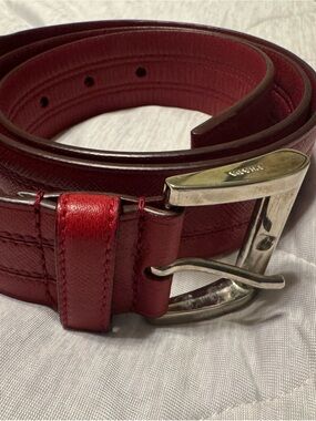 Prada Deep Red Leather Belt with Brushed Silver Buckle